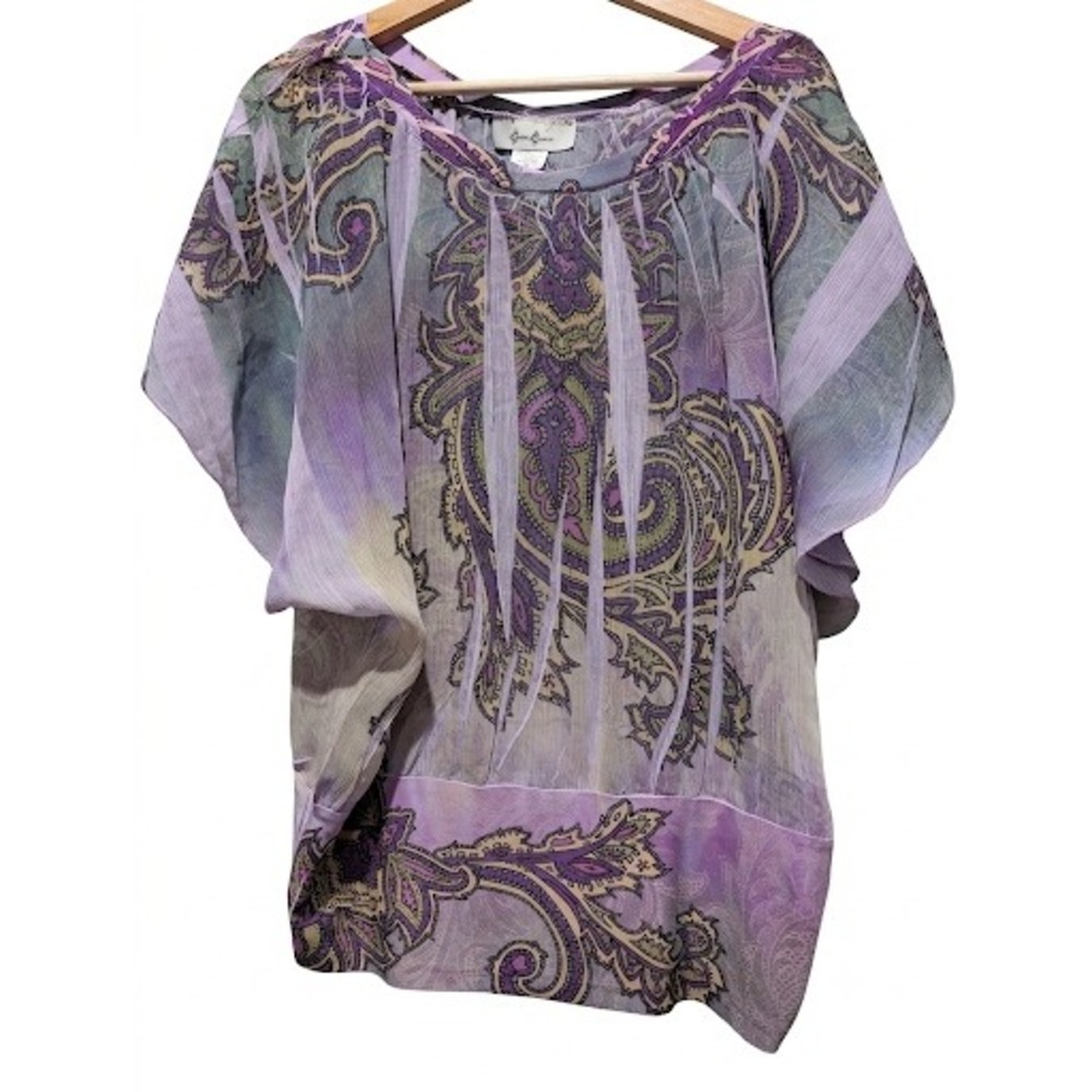 Cover Charge Purple Paisley Dolman Sleeve Banded Hem Blouse Women Small USA Made